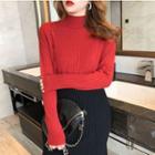 Long-sleeve Semi Turtleneck Single Side Button Loose Fit Knit Top