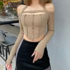 Long Sleeve Off-shoulder Halter-neck Paneled Crop Top