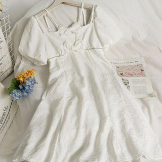 Embossed Ribbon-accent Rhinestone Midi Dress White - One Size