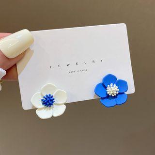 Flower Stud Earring 1 Pair - Stud Earring - S925 Silver Needle - Blue & White - One Size