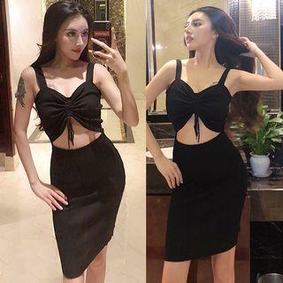 Cutout Drawstring Sleeveless Knit Dress Black - One Size