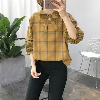 Elbow-sleeve Plaid Tie-neck Blouse