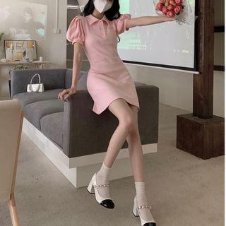 Puff-sleeve Polo Neck Mini Sheath Dress