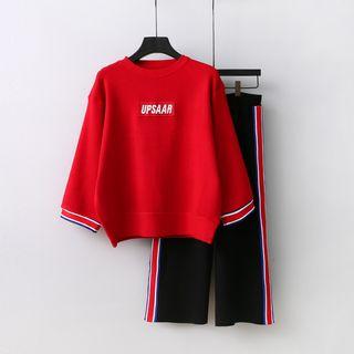 Set: Lettering Applique Sweater + Wide Leg Pants