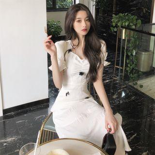 V Neckline Bow Puff-sleeve Dress