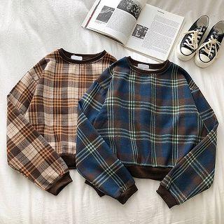 Color-block Plaid Long-sleeve Sweatshirt