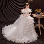 Off-shoulder Tiered Mesh A-line Wedding Gown