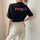 Elbow-sleeve Letter Embroidery T-shirt