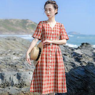 Short-sleeve Plaid Button-up A-line Midi Dress