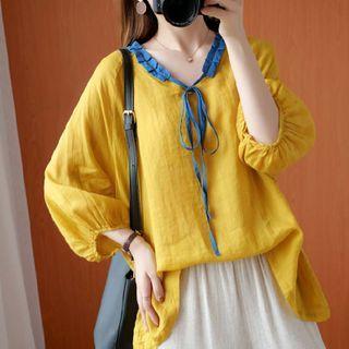 Long-sleeve Tie-front Frill Trim Blouse