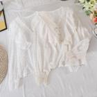 V-neck Lace Panel Ruffle Top