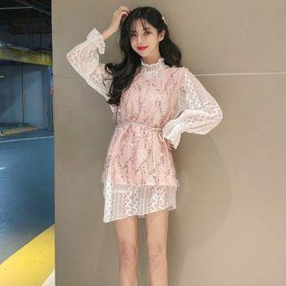 Set: Long-sleeve Lace Dress + Sequined Vest