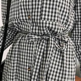 Notched-collar Tie-waist Checked Shirtdress