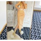 Gingham Shirred Cropped Blouse / Shirred Midi Pencil Dress
