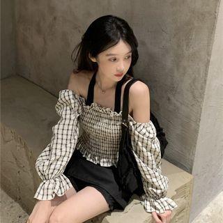 Long-sleeve Cold Shoulder Plaid Shirred Top / Mini Skirt