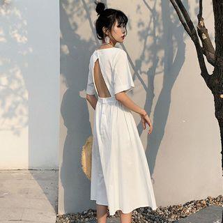 Open Back Elbow Sleeve Midi Dress