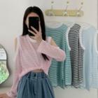 Long-sleeve Shoulder Cut-out Round Neck Striped Top
