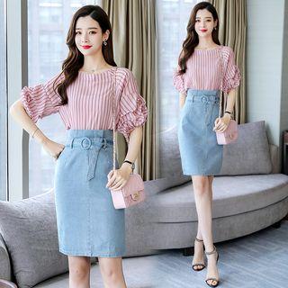 Set: Short-sleeve Striped Chiffon Top + Mini Denim Sheath Skirt