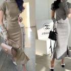 Set: Short-sleeve Knit Top With Hand Warmer + Knit Long Mermaid Skirt