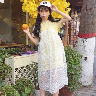 Set: Short-sleeve T-shirt + Midi A-line Mesh Pinafore Dress