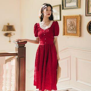 Puff-sleeve Midi A-line Crinkle Dress