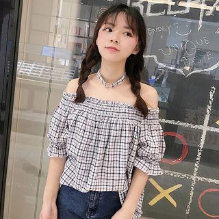 Plaid Short-sleeve Off-shoulder Blouse