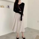 Henley Knit Top / High-waist A-line Midi Skirt / Set