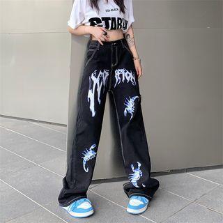 High Waist Printed Stitched Loose-fit Jeans