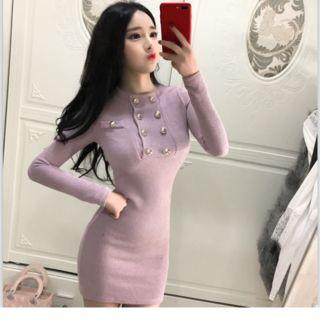 Long-sleeve Double-breasted Knit Dress