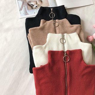 Plain Mock-neck Zip Long-sleeve Knit Top