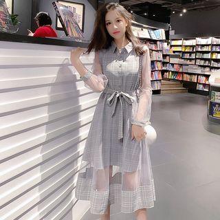 Long-sleeve Collared Plaid Panel Tie-waist Midi Dress