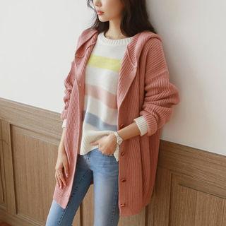 Drop-shoulder Hooded Ribbed Cardigan