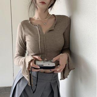 Long-sleeve V-neck Plain Slim Fit Crop Top