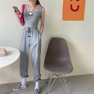 Plain Cropped Tank Top / High-waist Drawstring Sweatpants