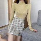 Plain Turtleneck Knit Top / Houndstooth Mini Skirt