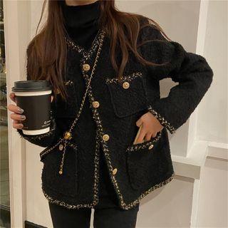 Tweed Trim Button-up Jacket Black - One Size