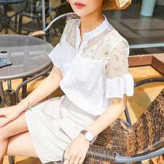 Frill-sleeve Sheer-panel Blouse