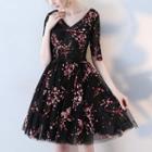 Printed Elbow Sleeve A-line Evening Dress