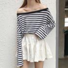 Off Shoulder Long Sleeve Striped T-shirt / Ruffled Skort