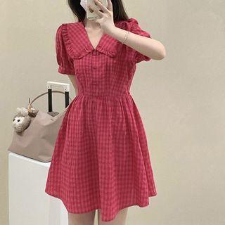 Short-sleeve Plaid A-line Dress Rose Pink - One Size