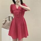 Short-sleeve Plaid A-line Dress Rose Pink - One Size