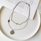Alloy Coin & Cross Layered Necklace 1pc - Silver - One Size