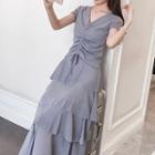 Set:glitter V-neck Short-sleeve Top+glitter Frilled Skirt