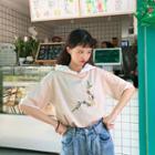 Lace Panel Embroidered Hooded Short-sleeve T Shirt Almond - Top - One Size