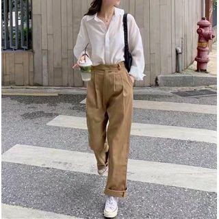 Set: Long Sleeve Button-up Plain Shirt + Pleated Dress Pants