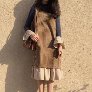 Set: Long-sleeve T-shirt + Corduroy Sleeveless Midi Dress