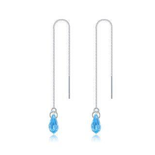 925 Sterling Silver Simple Water Drop Shape Blue Austrian Element Crystal Tassel Earrings Silver - One Size