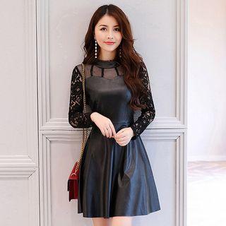 Lace Panel Faux-leather A-line Dress