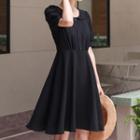 Short-sleeve Half-button Midi A-line Dress