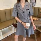 Belted Lapel Short-sleeve Shirt Dress Gray - One Size